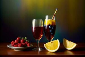 A Couple Of Glasses Filled With Liquid Next To A Plate Of Fruit. AI Generated photo