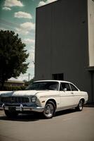 A White Car Parked In Front Of A Building. AI Generated photo