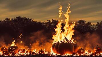 A Group Of Pumpkins Sitting In Front Of A Fire. AI Generated photo