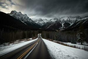 A Snow Covered Road With Mountains In The Background. AI Generated photo