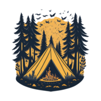 Camping in Forest at night with stars and fireflies, illustration png