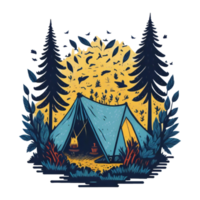 Camping in Forest at night with stars and fireflies, illustration, digital painting png