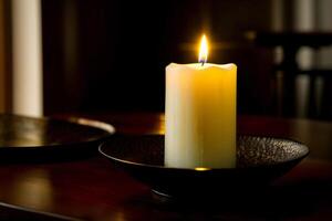 A Lit Candle On A Plate On A Table. AI Generated photo