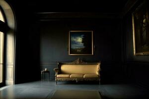 un sofá en un oscuro habitación con un pintura en el pared. ai generado foto