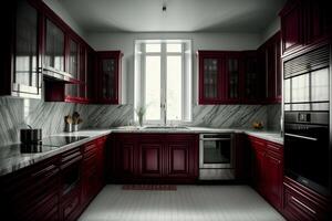 A Kitchen With Red Cabinets And Marble Counter Tops. AI Generated photo