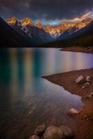 A Body Of Water Surrounded By Mountains Under A Cloudy Sky. AI Generated photo