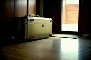 A Suit Case Sitting On Top Of A Hard Wood Floor. AI Generated photo