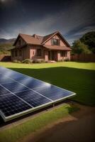 un casa con un solar panel en el techo. ai generado foto