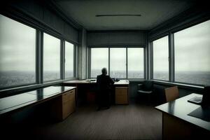 A Person Sitting At A Desk Looking Out A Window. AI Generated photo