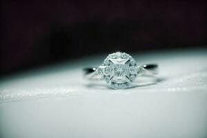 un cerca arriba de un diamante anillo en un mesa. ai generado foto