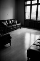 A Black And White Photo Of A Living Room. AI Generated