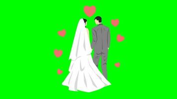 male and female couple having a wedding. clothes. wedding dress, wedding suit. heart, love. suitable for wedding invitation, event, ceremony, etc. green screen. flat style video