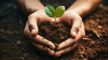 Hand tenderly holding a heart shaped patch of soil, Ai Generative photo