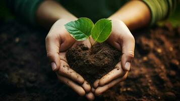Hand tenderly holding a heart shaped patch of soil, Ai Generative photo