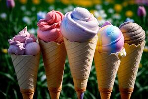 Five Ice Cream Cones Are Lined Up In A Row. AI Generated photo