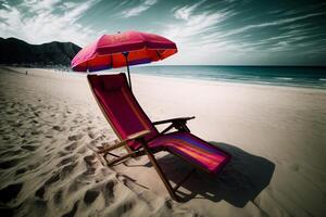 un playa silla con un paraguas en el playa. ai generado foto