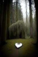 un corazón conformado objeto en el medio de un bosque. ai generado foto