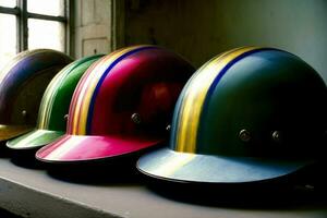A Row Of Colorful Helmets Sitting On Top Of A Window Sill. AI Generated photo