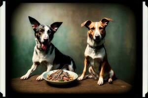 dos perros sentado siguiente a cada otro en frente de un plato de alimento. ai generado foto