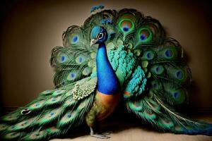 un pavo real con sus plumas untado afuera. ai generado foto