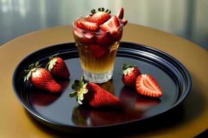 A Glass Of Tea With Strawberries On A Plate. AI Generated photo