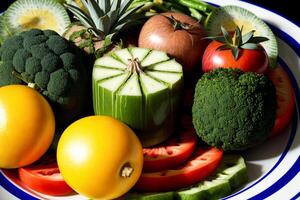 A White Plate Topped With Lots Of Different Types Of Fruits And Vegetables. photo