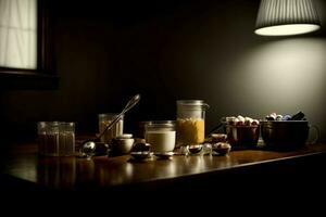 A Wooden Table Topped With Jars Filled With Food. AI Generated photo