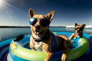 A Couple Of Dogs Sitting On Top Of An Inflatable Raft. AI Generated photo