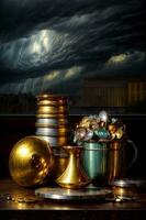 A Painting Of A Bowl Of Gold With A Storm In The Background. AI Generated photo