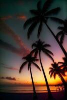 A Couple Of Palm Trees Sitting On Top Of A Beach. AI Generated photo