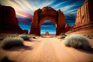 A Large Arch In The Middle Of A Desert. AI Generated photo