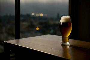 A Glass Of Beer Sitting On Top Of A Wooden Table. AI Generated photo