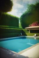 A Swimming Pool Surrounded By A Lush Green Hedge. AI Generated photo