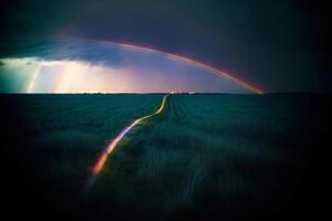 un arco iris en el cielo terminado un trigo campo. ai generado foto