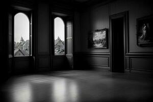 A Black And White Photo Of An Empty Room. AI Generated