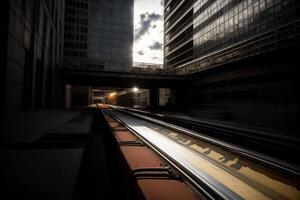 un tren de viaje mediante un túnel siguiente a alto edificios ai generado foto