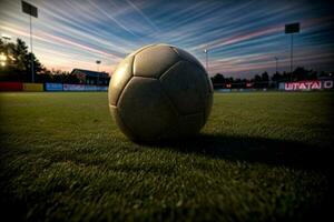 un fútbol pelota sentado en parte superior de un lozano verde campo. ai generado foto