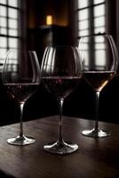 Three Wine Glasses Sitting On Top Of A Wooden Table. AI Generated photo