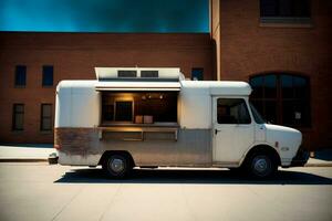 A Food Truck Parked In Front Of A Brick Building. AI Generated photo