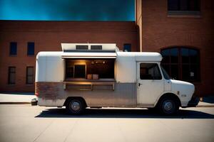 A Food Truck Parked In Front Of A Brick Building. photo