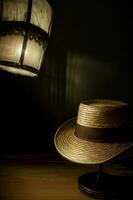 un sombrero sentado en parte superior de un mesa siguiente a un lámpara. ai generado foto