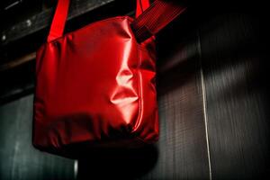 A Red Bag Hanging From The Side Of A Wall. AI Generated photo