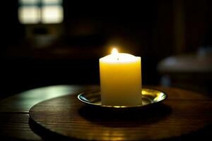 A Lit Candle Sitting On Top Of A Wooden Table. AI Generated photo