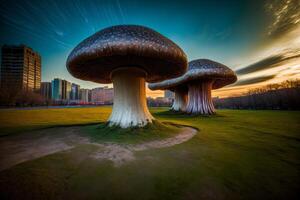 A Couple Of Large Mushrooms Sitting On Top Of A Lush Green Field. AI Generated photo