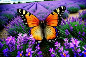 un mariposa ese es sentado en algunos flores ai generado foto