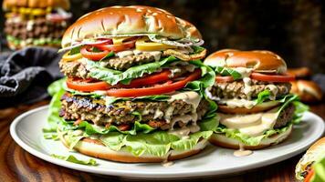 A Stack Of Hamburgers Sitting On Top Of A White Plate. AI Generated photo