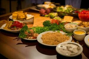 A Wooden Table Topped With Plates Of Food. AI Generated photo