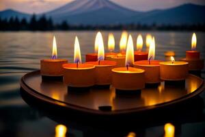 A Row Of Lit Candles Sitting On Top Of A Table. AI Generated photo