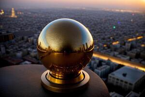 un dorado esfera sentado en parte superior de un de madera mesa. ai generado foto