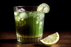 A Glass Filled With Green Liquid Next To A Slice Of Lime. AI Generated photo